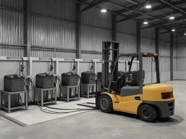 Battery charging room next to warehouse aisle