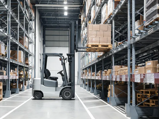 Wide-aisle pallet putaway with counterbalance truck