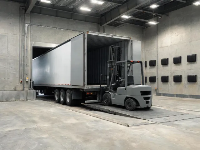 Receiving dock with counterbalance truck at trailer