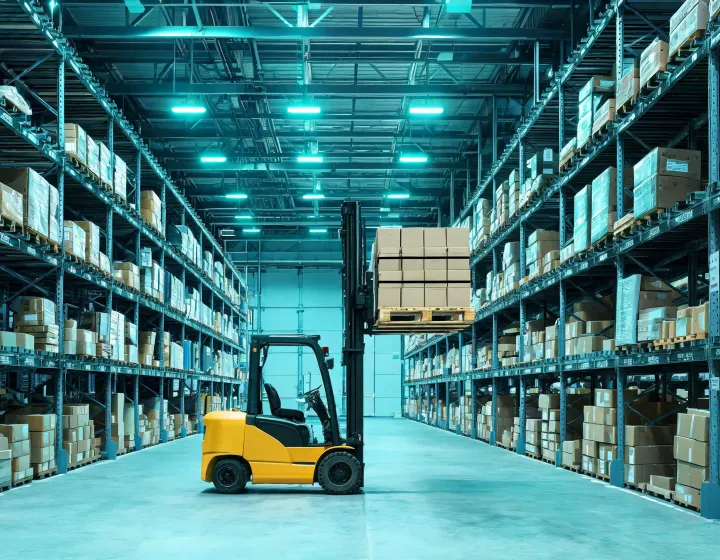 Electric counterbalance forklift moving pallets in a wide-aisle warehouse