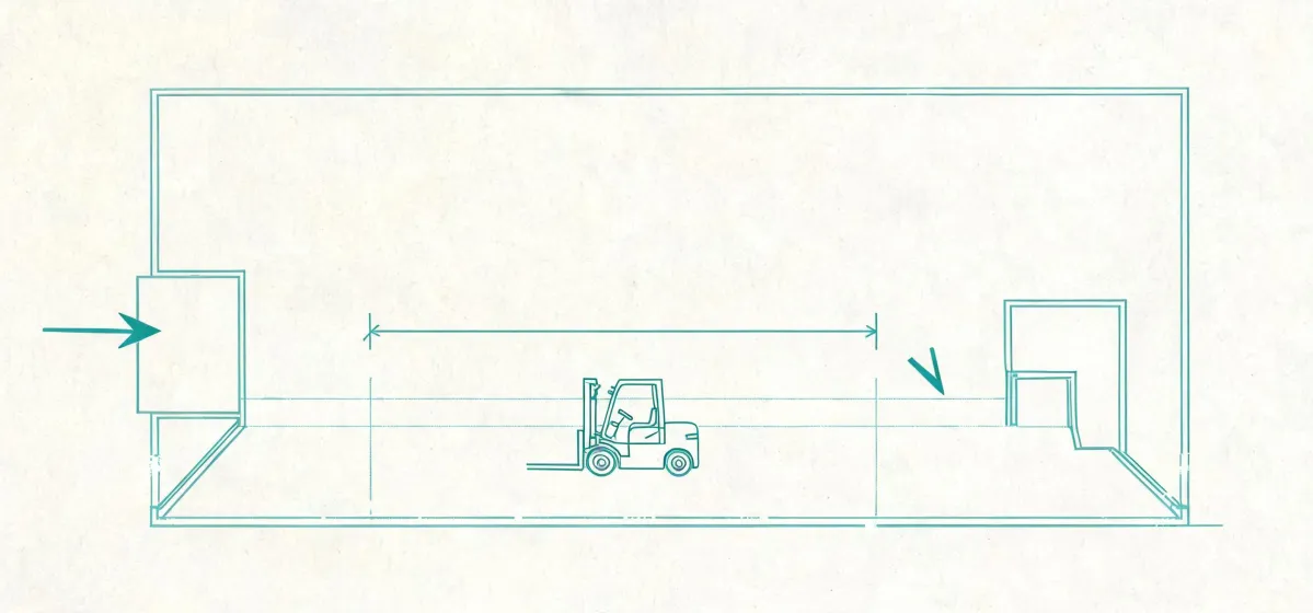 Illustrated warehouse plan with aisle and dock notes