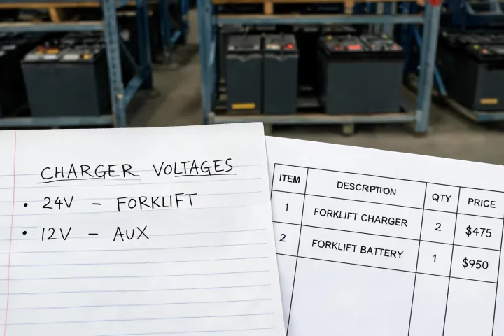 Battery charger notes beside a forklift quotation